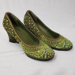 Newport News green embellished wedge shoes